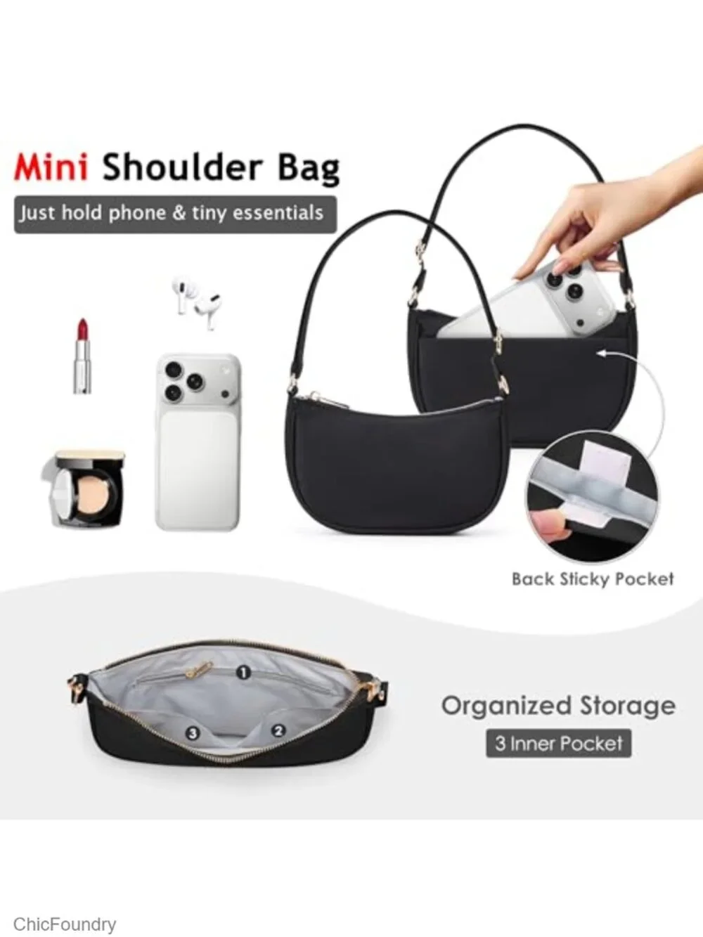Nylon Small Shoulder Bag for Women with Adjustable Strap, 1L Lightweight Purse